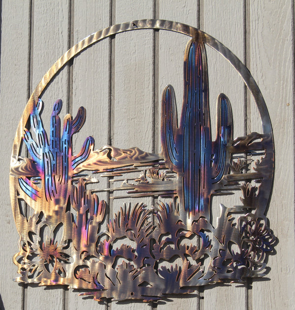 Desert Saguaro Cactus in Circle Metal Wall Art Heat Treated