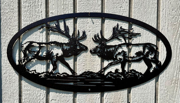 2 Elk Oval Scene Metal Wall Art Copper Vein