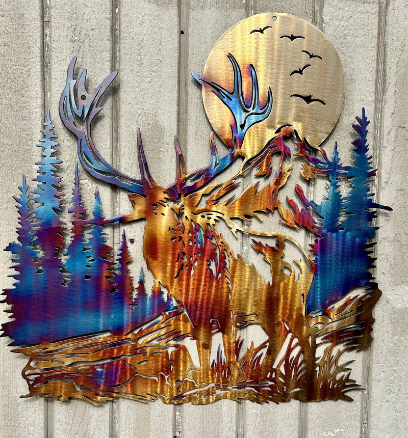 Elk Forest Scene Metal Wall Art Heat Treated