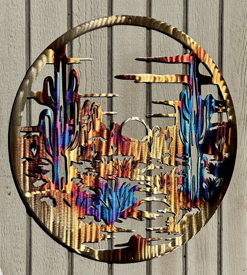 Desert Cactus Sunset Scene Metal Wall Art