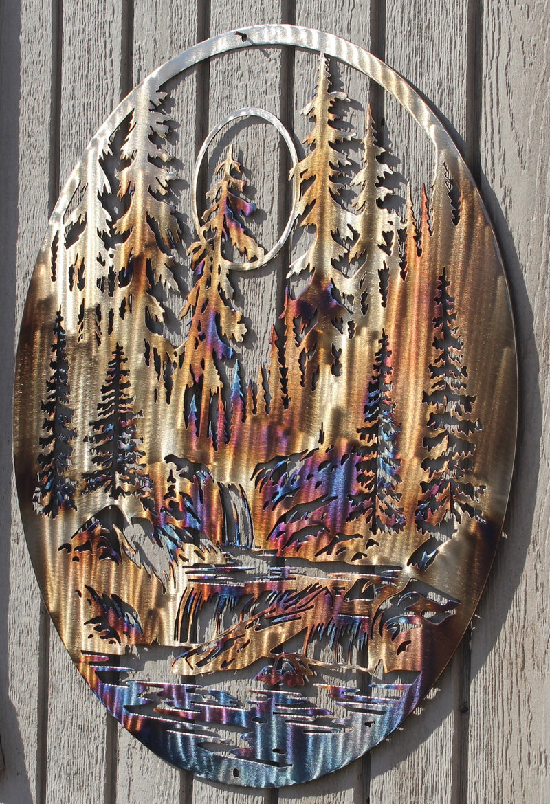 Forest and Stream with Sun Metal Wall Art Heat Treated