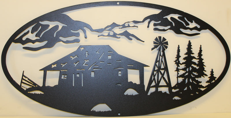 Cabin and Windmill Oval Scene Metal Wall Art