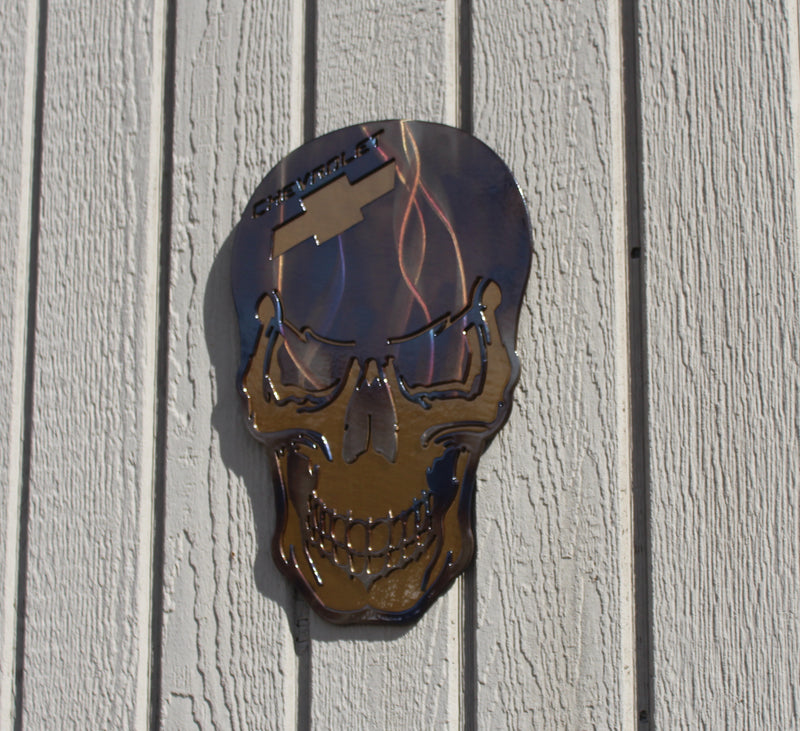 Skull with Chevy Logo Metal Wall Art