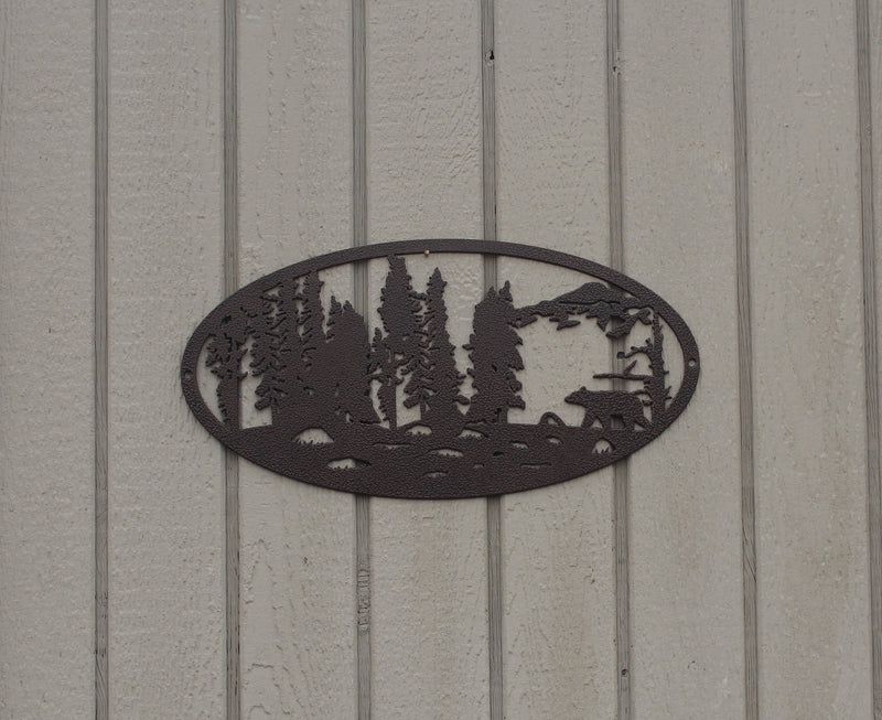 Bear and Forest Oval Scene Metal Wall Art