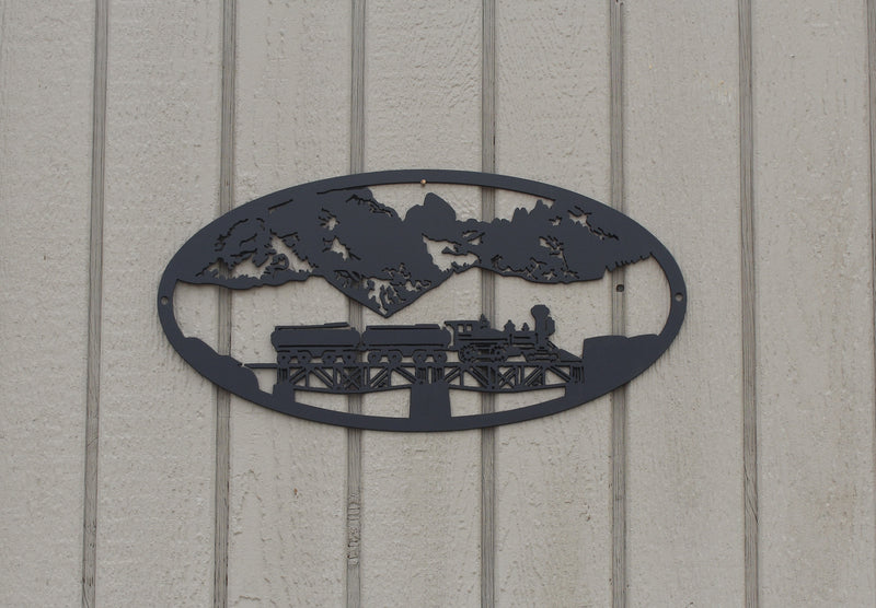 Train on a Bridge Oval Scene Metal Wall Art